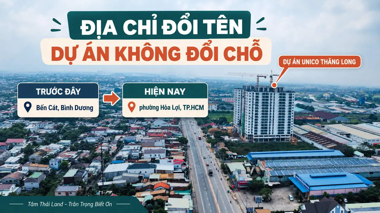 Ảnh flycam Unico Thăng Long minh họa địa chỉ cũ tại Bến Cát, Bình Dương và địa chỉ hiện nay thuộc phường Hòa Lợi, TP.HCM.