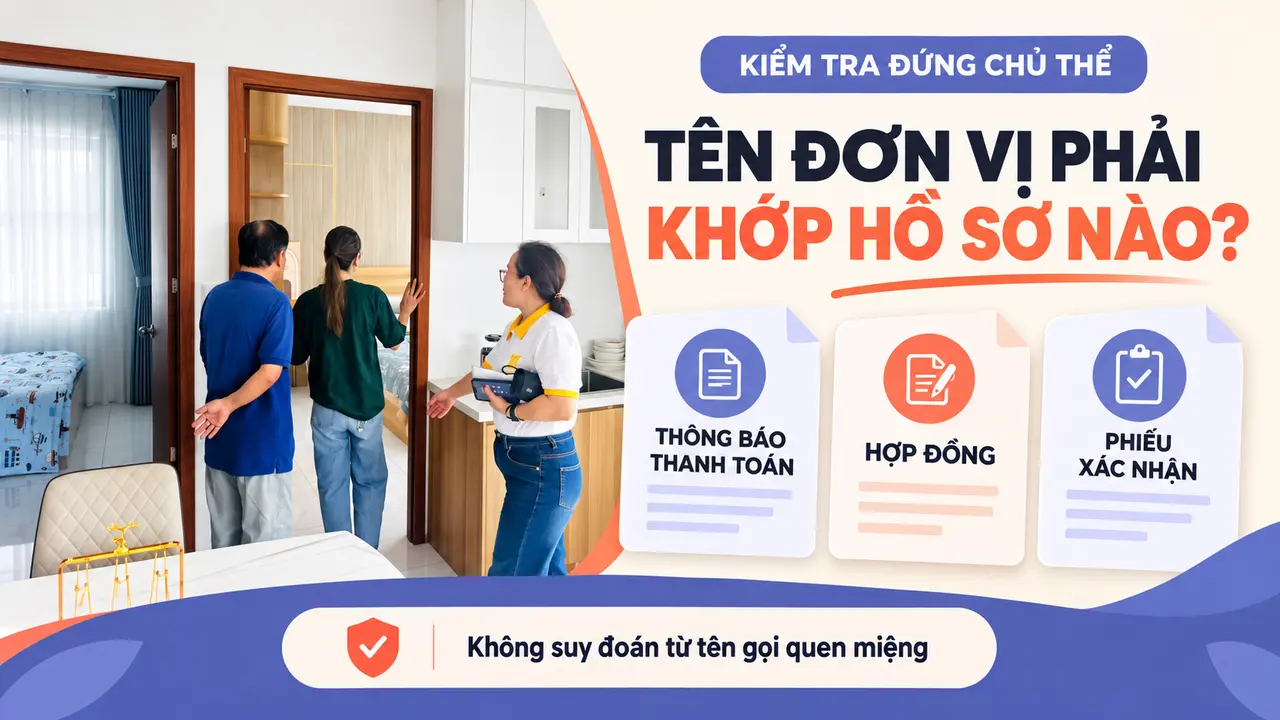 Khách tham quan căn hộ Unico Thăng Long và hướng dẫn đối chiếu tên đơn vị trên thông báo thanh toán, hợp đồng và phiếu xác nhận.