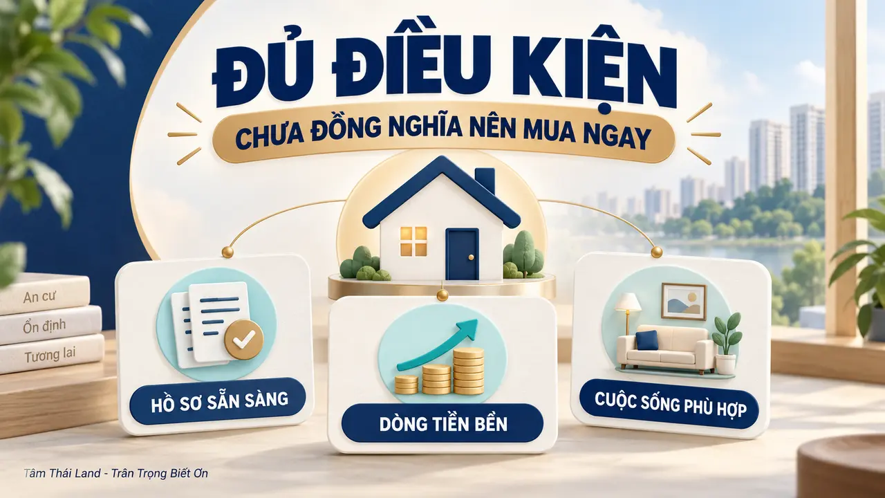 Minh họa ba yếu tố cần cân nhắc sau khi đủ điều kiện mua NOXH gồm hồ sơ, dòng tiền và cuộc sống gia đình.