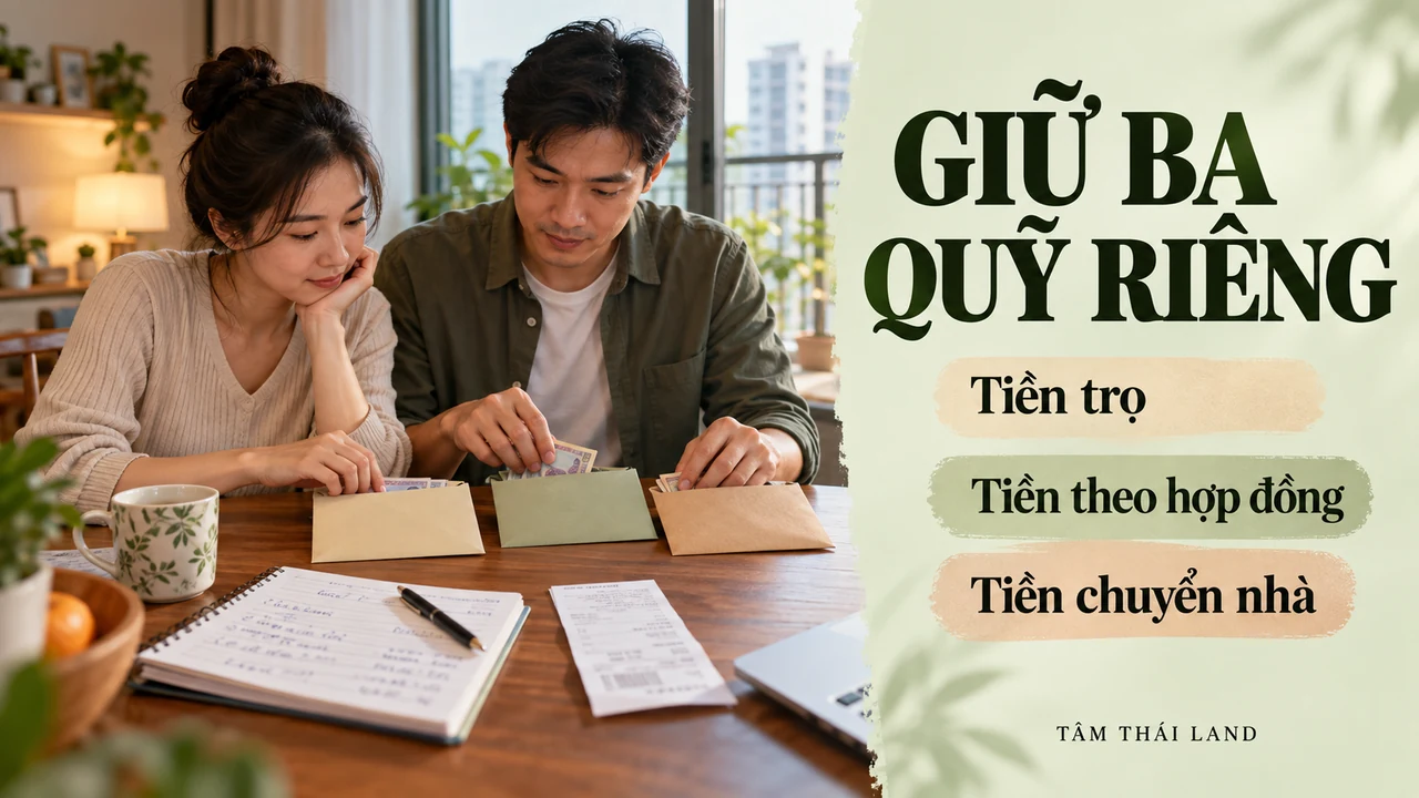 Đồ họa biên tập gia đình tách ba khoản tiền trọ, tiền theo hợp đồng và tiền chuyển nhà khi chờ nhận căn hộ Thăng Long.