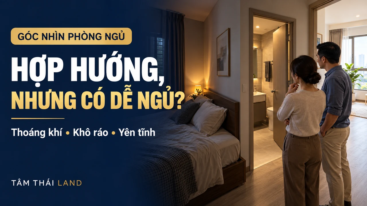 Hai vợ chồng xem vị trí giường cạnh nhà vệ sinh trong phòng ngủ ít ánh sáng
