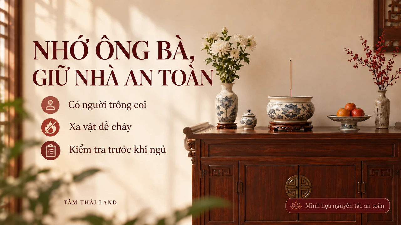 Ảnh minh họa biên tập góc thờ căn hộ và ba nhắc nhở: có người trông coi, xa vật dễ cháy, kiểm tra trước khi ngủ.