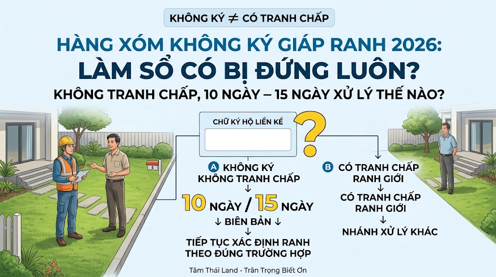 Hàng xóm không ký giáp ranh khi làm sổ năm 2026 và hai mốc 10 ngày, 15 ngày trong trường hợp ranh giới không có tranh chấp