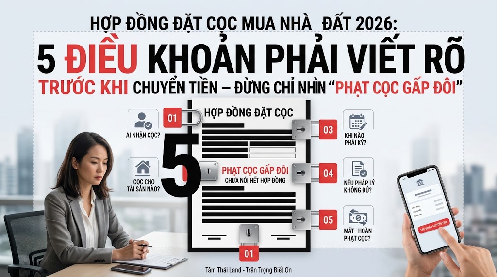 Người mua kiểm tra 5 điều khoản trong hợp đồng đặt cọc mua nhà đất năm 2026 trước khi chuyển tiền