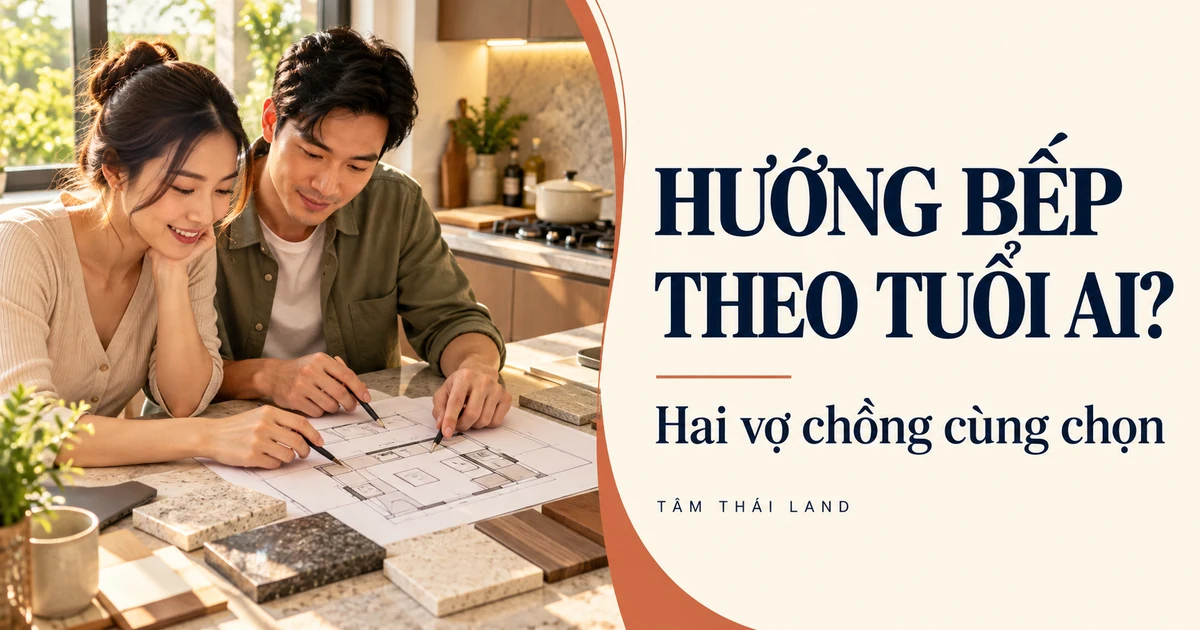 Hai vợ chồng cùng xem bản vẽ bố trí bếp và vật liệu