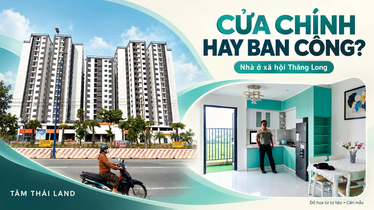 Đồ họa biên tập từ ảnh tư liệu công trình và căn mẫu Thăng Long về hướng cửa chính hay ban công; đối chiếu ảnh gốc và hiện trường.