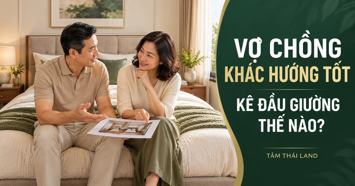 Vợ chồng ngồi cạnh giường cùng xem phương án kê đầu giường