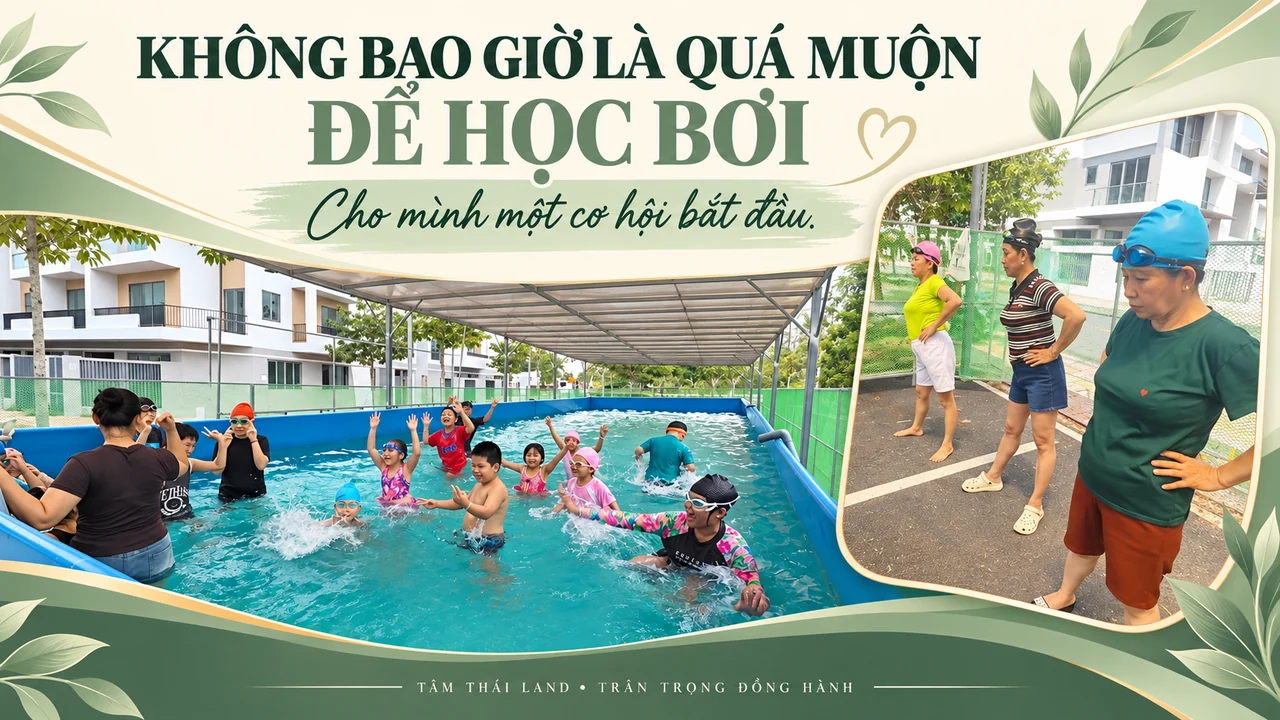 Ảnh ghép người lớn khởi động và nhóm học viên trong bể bơi cộng đồng tại Trà Vinh