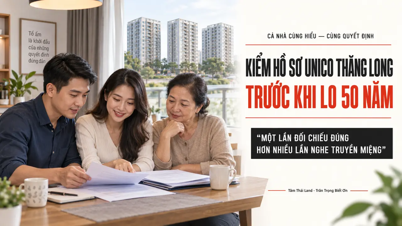 Gia đình cùng kiểm hồ sơ pháp lý căn Unico Thăng Long trước khi lo lắng về thông tin sở hữu 50 năm.