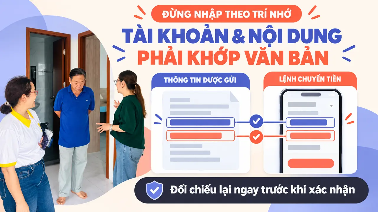 Khách hàng tại căn hộ Unico Thăng Long đối chiếu tài khoản và nội dung chuyển khoản với văn bản được cung cấp.