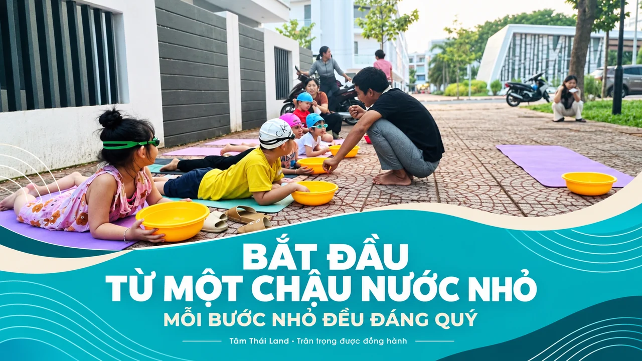 Trẻ em đeo kính bơi nằm trên thảm cạnh chậu nước nhỏ, có người lớn hướng dẫn