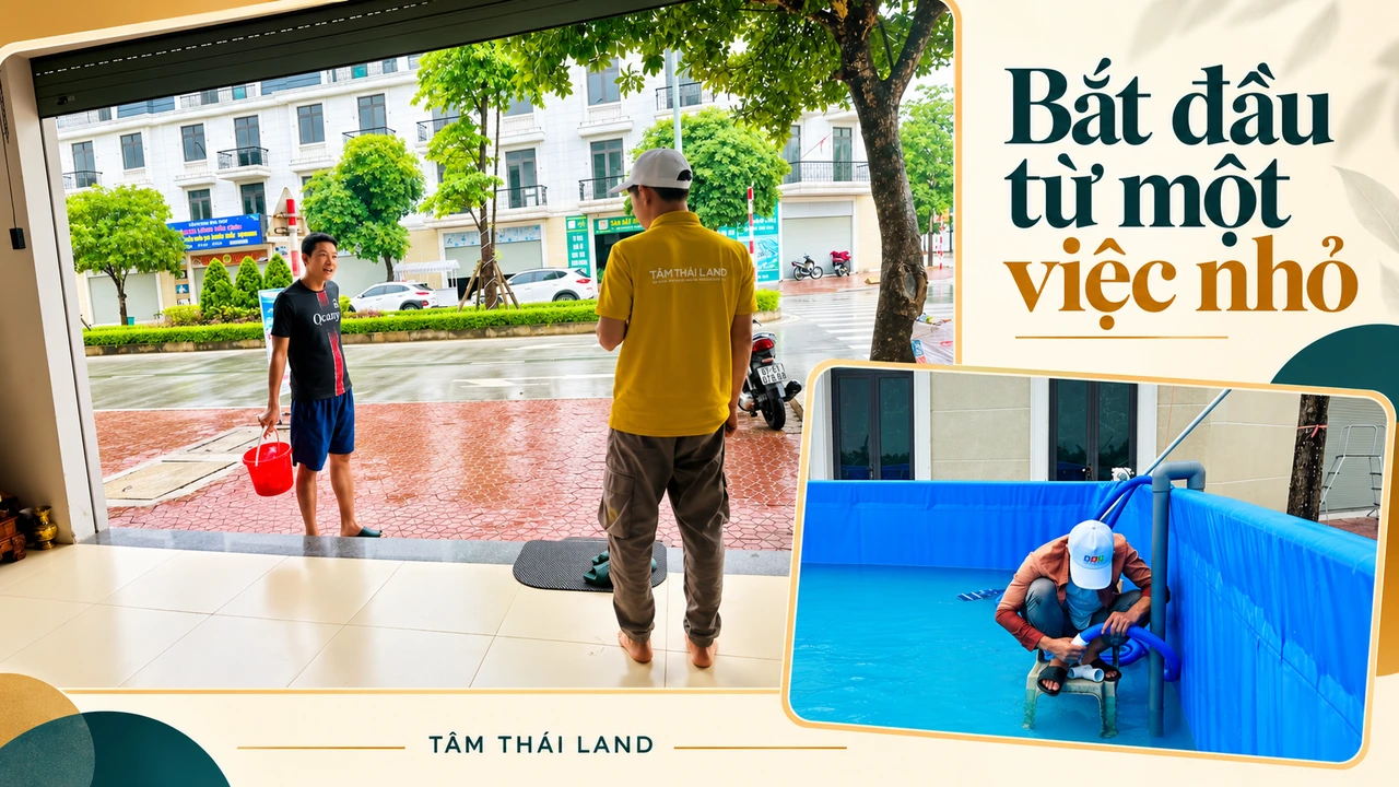 Ảnh ghép hai người lớn trao đổi ở cửa và một người thao tác với đường ống bể bơi.