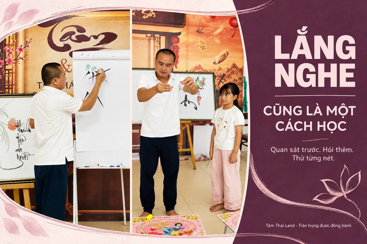 Người hướng dẫn viết mẫu và trao đổi với một em nhỏ trong lớp thư pháp