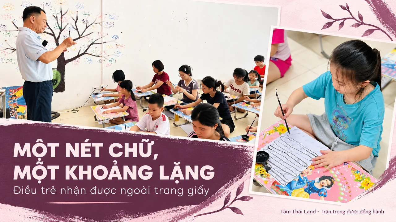 Ảnh ghép toàn cảnh lớp thư pháp và em nhỏ cầm bút luyện nét trên giấy