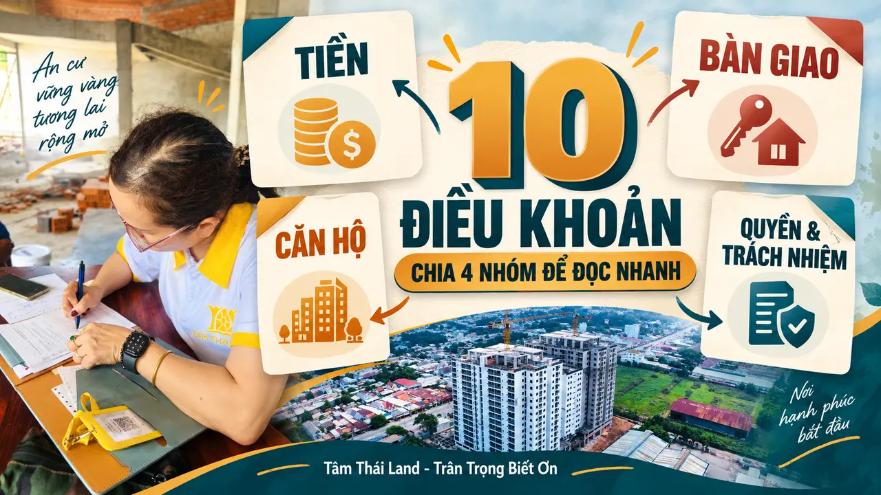 Sơ đồ chia 10 điều khoản hợp đồng mua bán căn hộ thành bốn nhóm gồm tiền, bàn giao, căn hộ và quyền trách nhiệm.