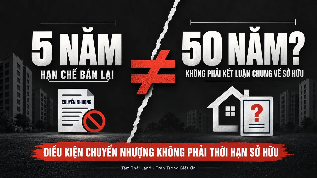 Đồ họa đối chiếu mốc 5 năm hạn chế bán lại nhà ở xã hội với hiểu lầm sở hữu căn hộ 50 năm.