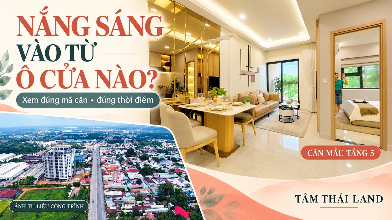 Đồ họa câu hỏi nắng sáng từ ô cửa nào với căn mẫu tầng 5 và ảnh tư liệu công trình Nhà ở xã hội Thăng Long
