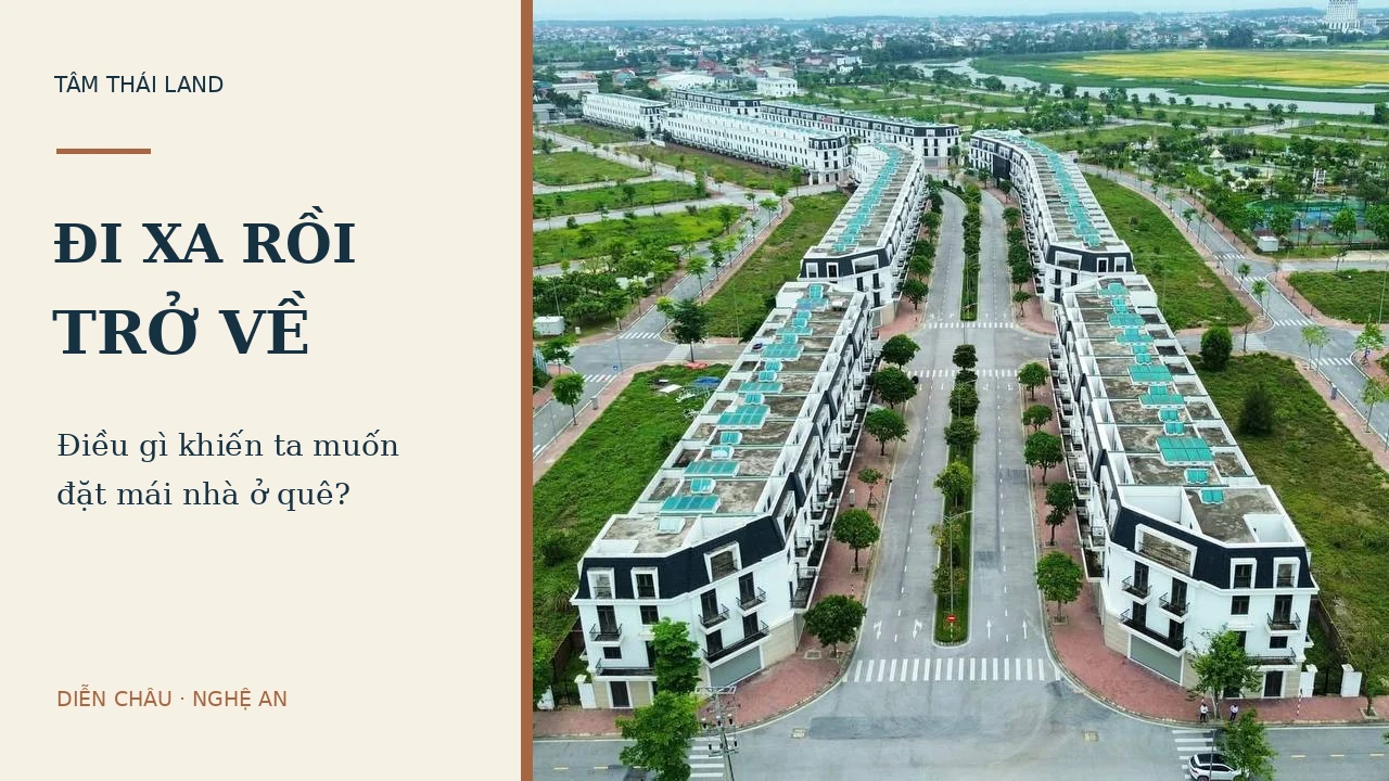 Dãy nhà và đường nội khu ROX Living Aquamarine Diễn Châu nhìn từ trên cao, cạnh lời dẫn về người Nghệ An xa quê.