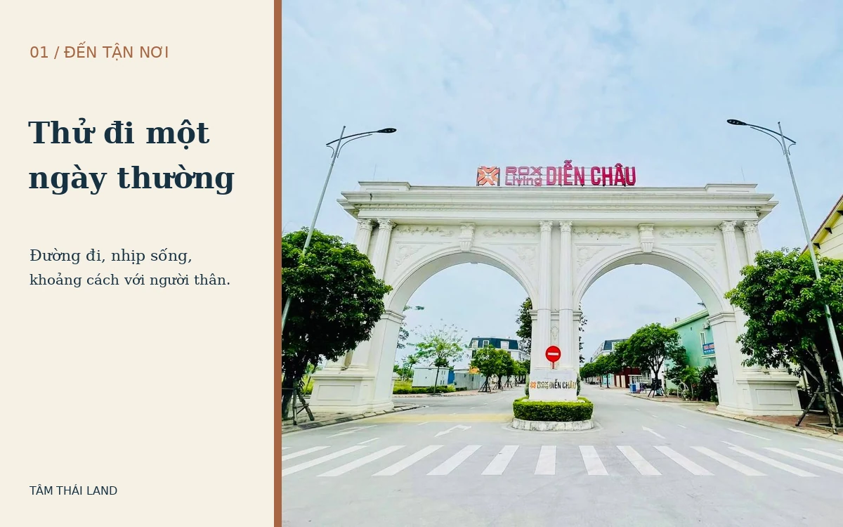 Cổng ROX Living Diễn Châu với đường vào dự án, gợi việc đi thử tuyến đường trước khi chọn nơi an cư.