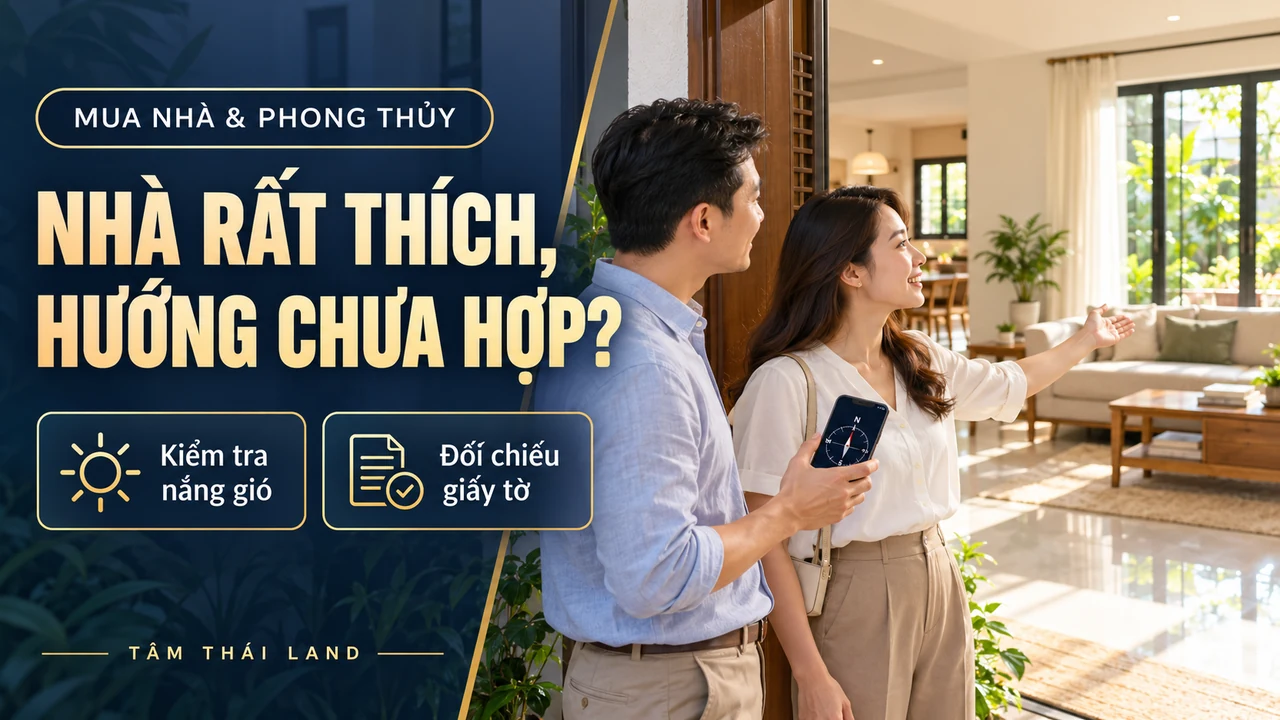 Cặp vợ chồng xem nhà, đối chiếu hướng trên điện thoại và quan sát ánh sáng phòng khách