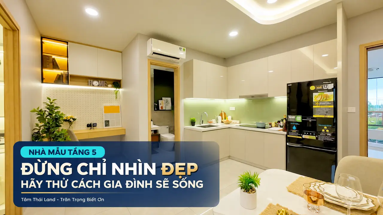 Không gian bếp và sinh hoạt trong căn hộ mẫu tầng 5 tại Unico Thăng Long.