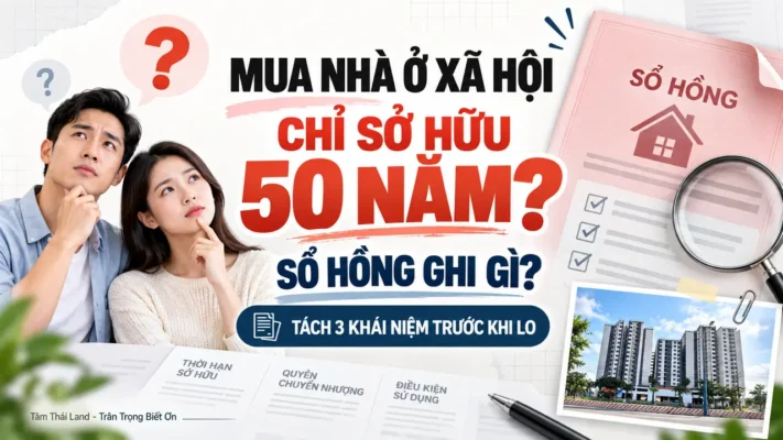 Vợ chồng trẻ đặt câu hỏi nhà ở xã hội có phải chỉ sở hữu 50 năm và sổ hồng ghi thời hạn thế nào, bên cạnh hình ảnh Unico Thăng Long.