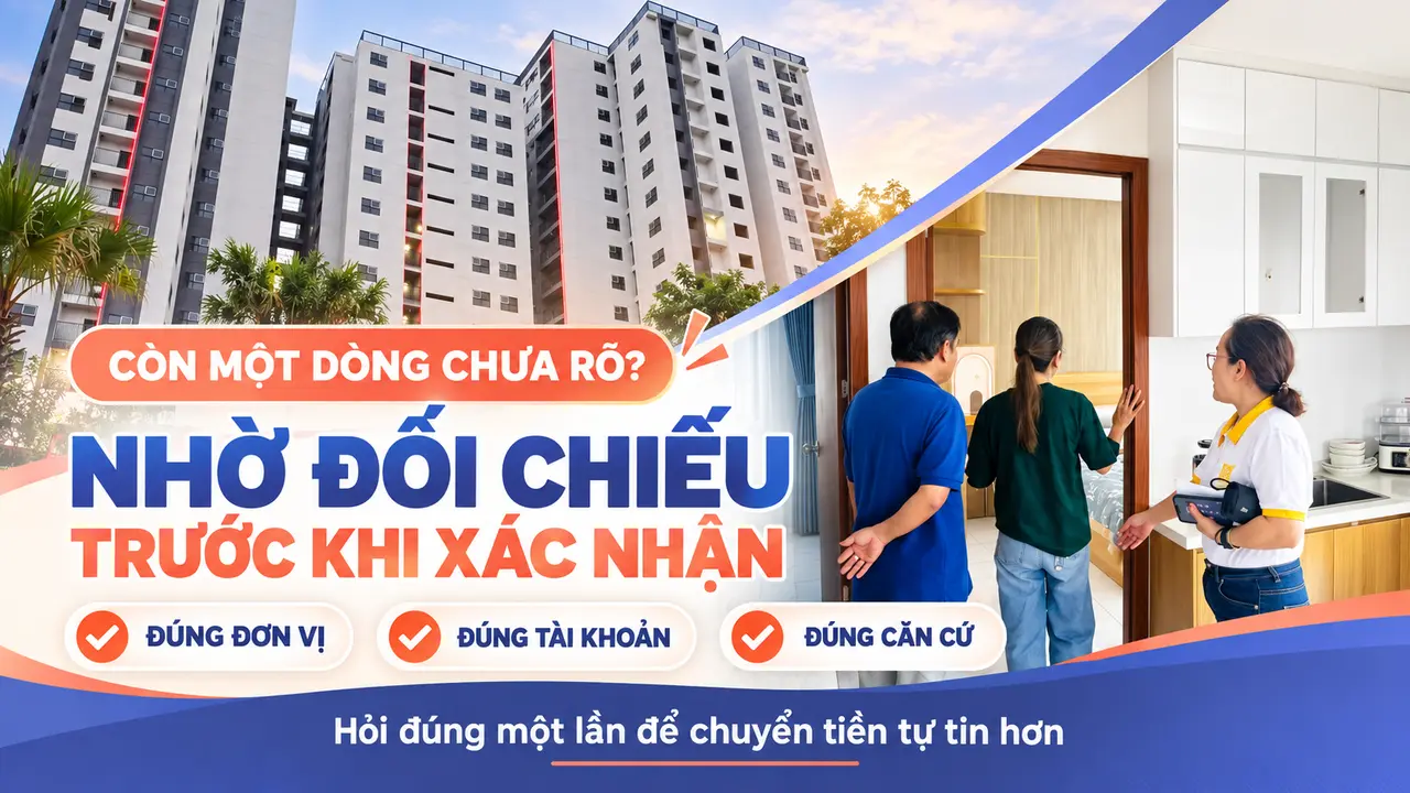 Công trình và khách tham quan Unico Thăng Long với lời nhắc nhờ đối chiếu trước khi xác nhận chuyển tiền.