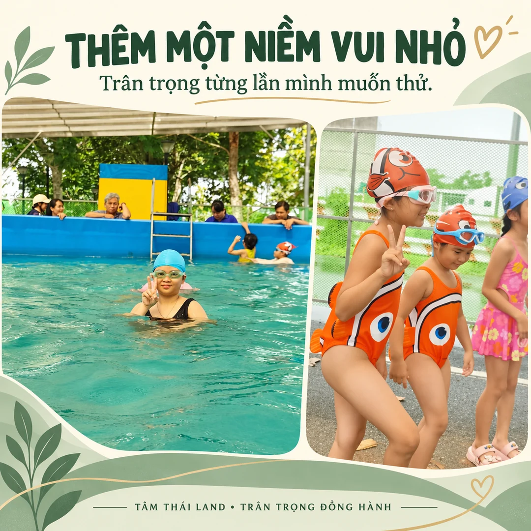 Ảnh ghép một em nhỏ trong bể bơi và các em đeo kính, đội mũ bơi