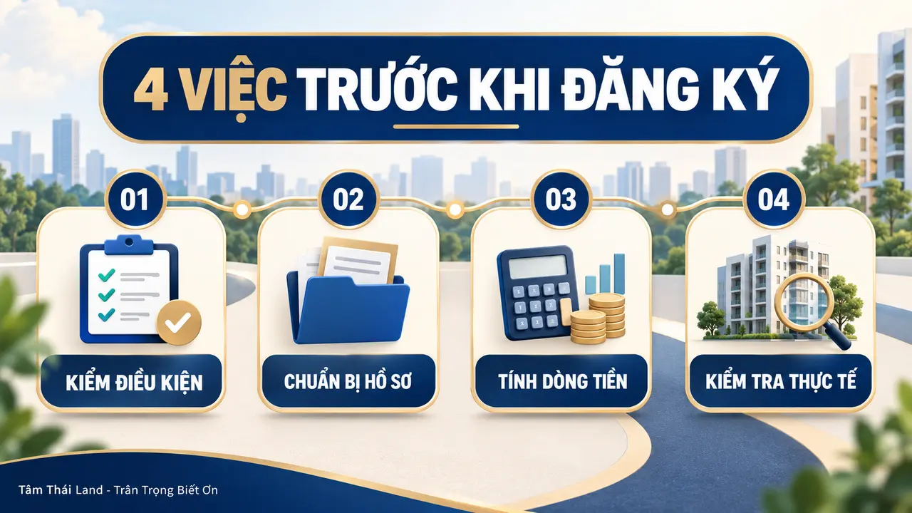 Lộ trình bốn việc trước khi đăng ký NOXH gồm kiểm tra điều kiện, chuẩn bị hồ sơ, tính dòng tiền và kiểm tra thực tế.