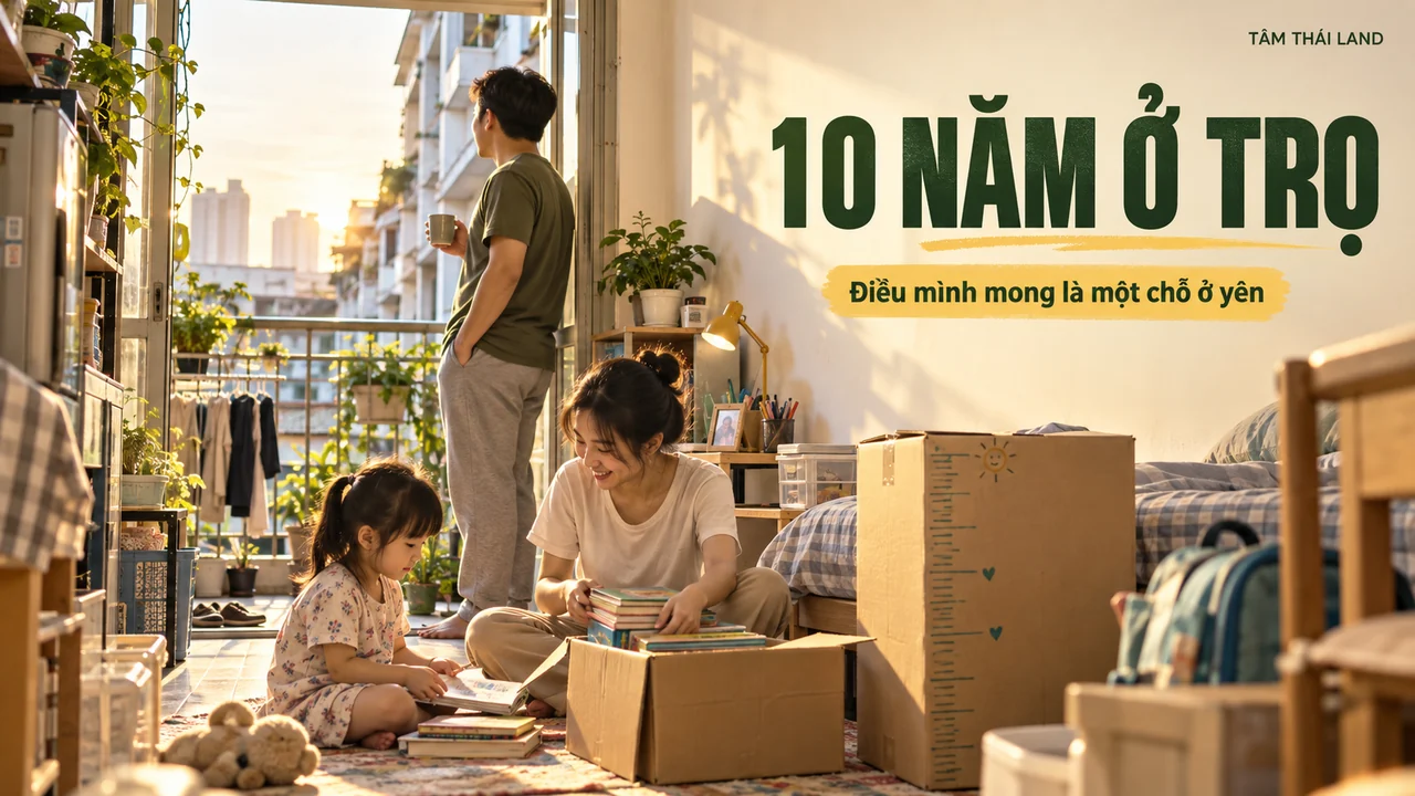 Gia đình ba người xếp sách trong phòng trọ, người cha nhìn ra ban công lúc chiều