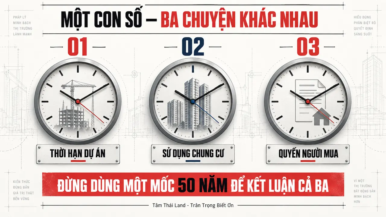 Ba đồng hồ phân biệt thời hạn dự án, thời hạn sử dụng nhà chung cư và quyền sở hữu căn hộ của người mua.
