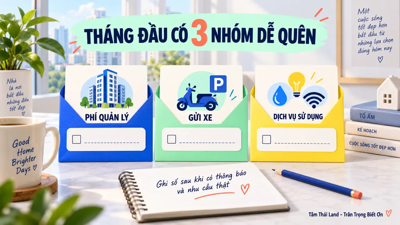 Ba phong bì dự trù phí quản lý, gửi xe và dịch vụ sử dụng trong tháng đầu ở chung cư.