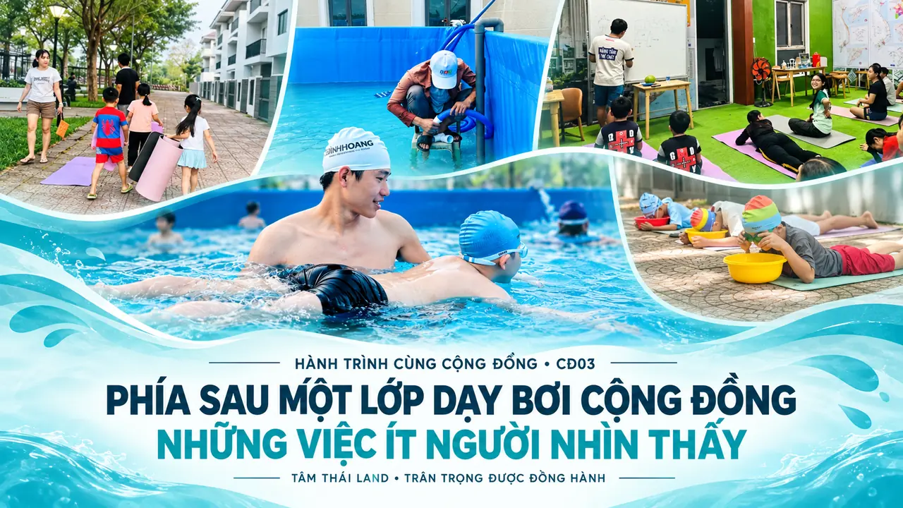Phía sau một lớp dạy bơi cộng đồng với các bước chuẩn bị và hướng dẫn an toàn