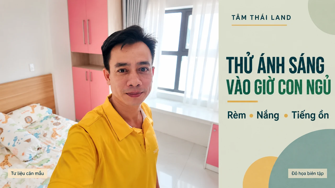 Người giới thiệu trong phòng ngủ căn mẫu có cửa sổ và rèm, cùng nhắc nhở thử ánh sáng vào giờ con ngủ.