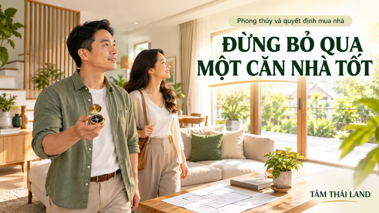 Cặp vợ chồng xem căn nhà sáng thoáng, một người cầm la bàn nhỏ