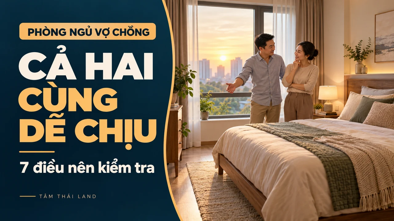 Hai vợ chồng xem vị trí giường và cửa sổ trong phòng ngủ sáng thoáng