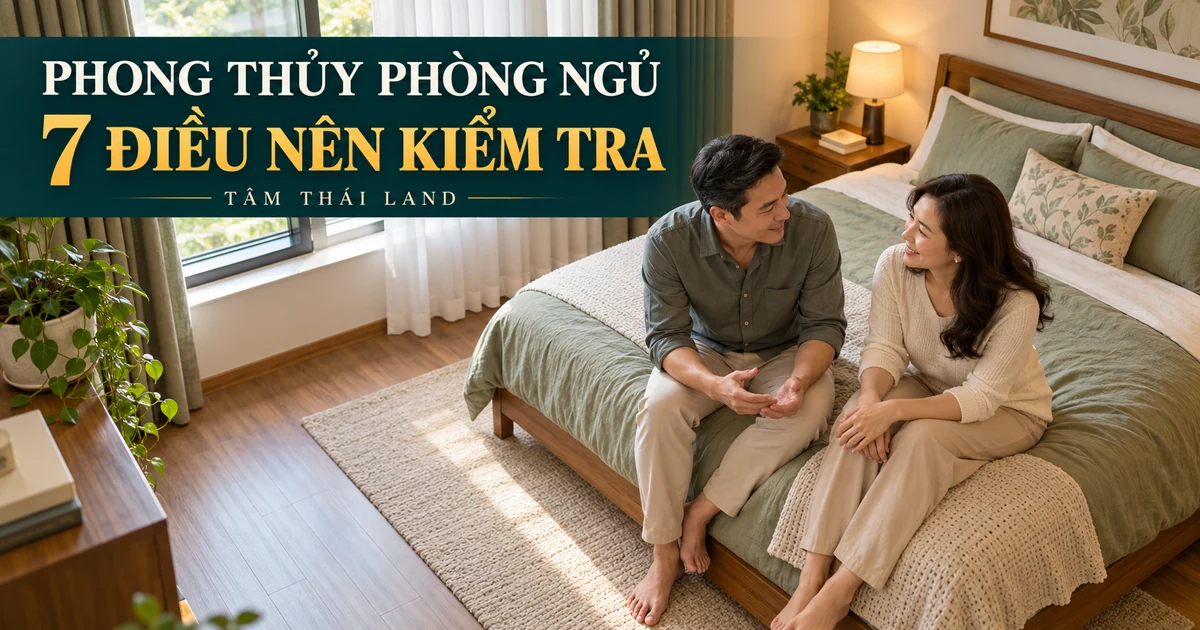 Vợ chồng trò chuyện bên giường trong phòng ngủ có cửa sổ, ánh sáng và lối đi thoáng