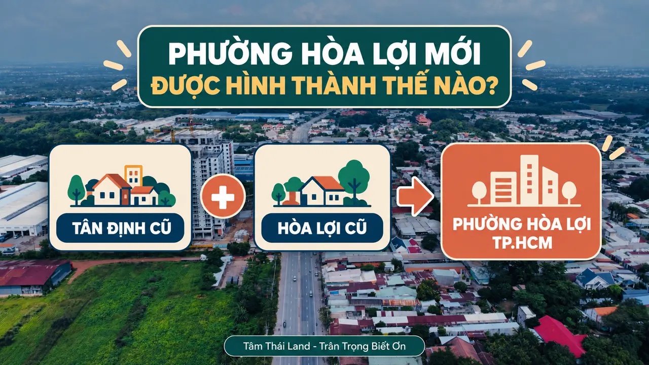Sơ đồ đơn giản cho thấy phường Tân Định cũ và phường Hòa Lợi cũ được sắp xếp thành phường Hòa Lợi, TP.HCM.