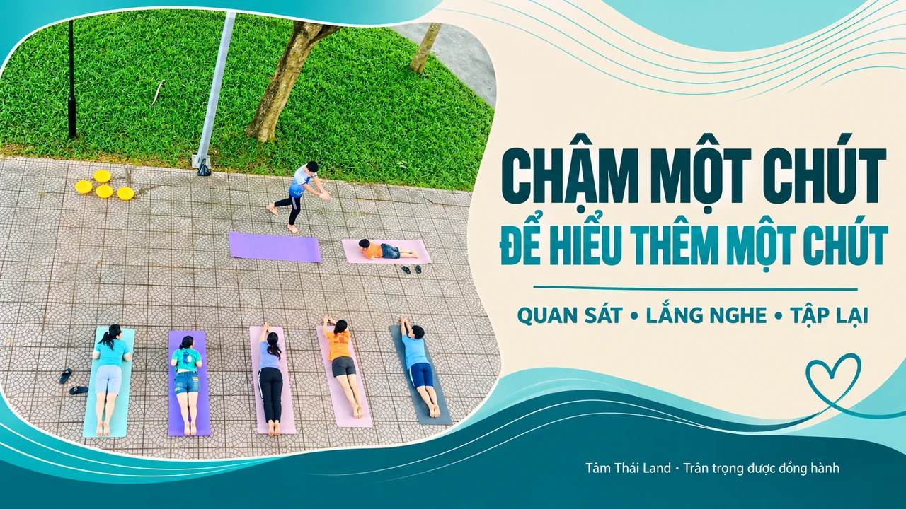 Góc nhìn từ trên cao cho thấy nhóm học viên tập động tác trên thảm theo người hướng dẫn