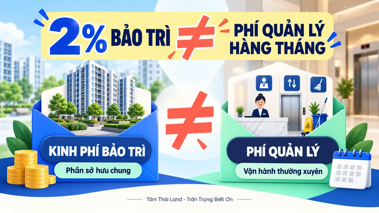 Đồ họa phân biệt kinh phí bảo trì 2% với phí quản lý vận hành chung cư hàng tháng.