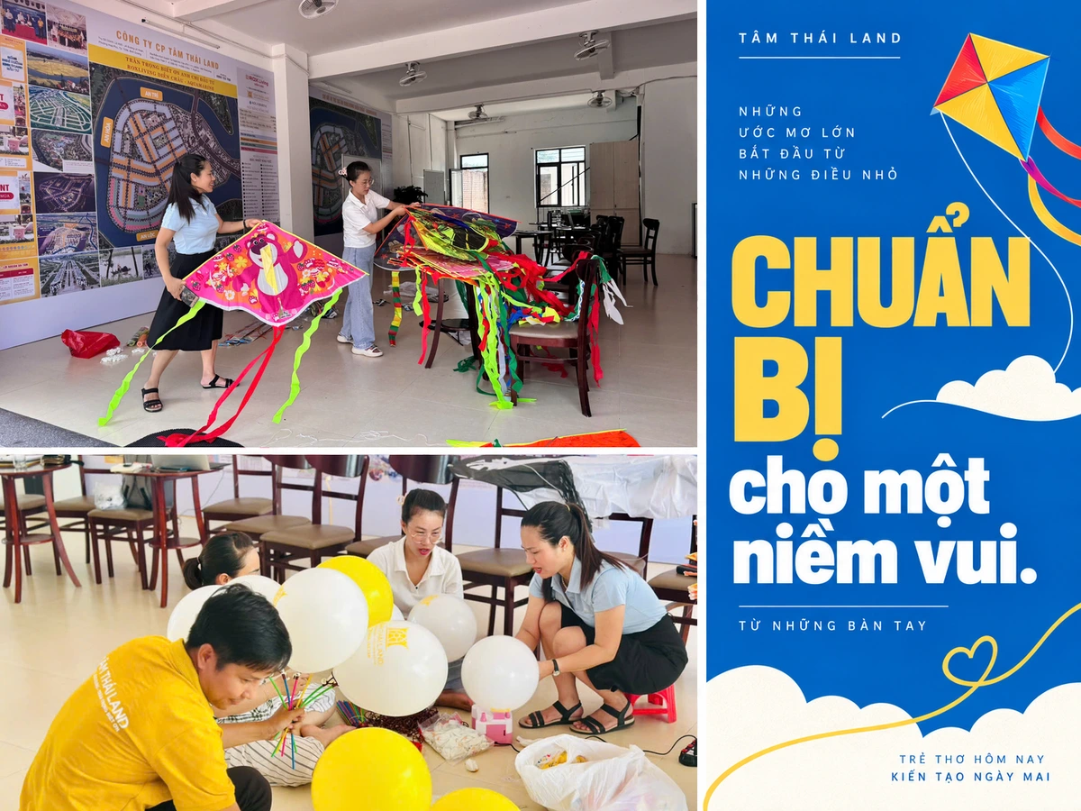 Hai ảnh thật người chuẩn bị những cánh diều và cùng sắp xếp bóng bay tại văn phòng có bảng Aquamarine Diễn Châu.
