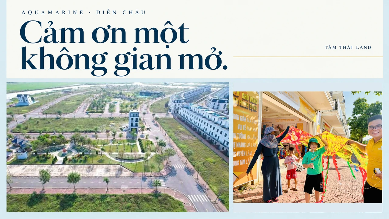 Ảnh ghép cảnh quan và đường nội khu Aquamarine với khoảnh khắc trẻ em, người lớn cầm diều.