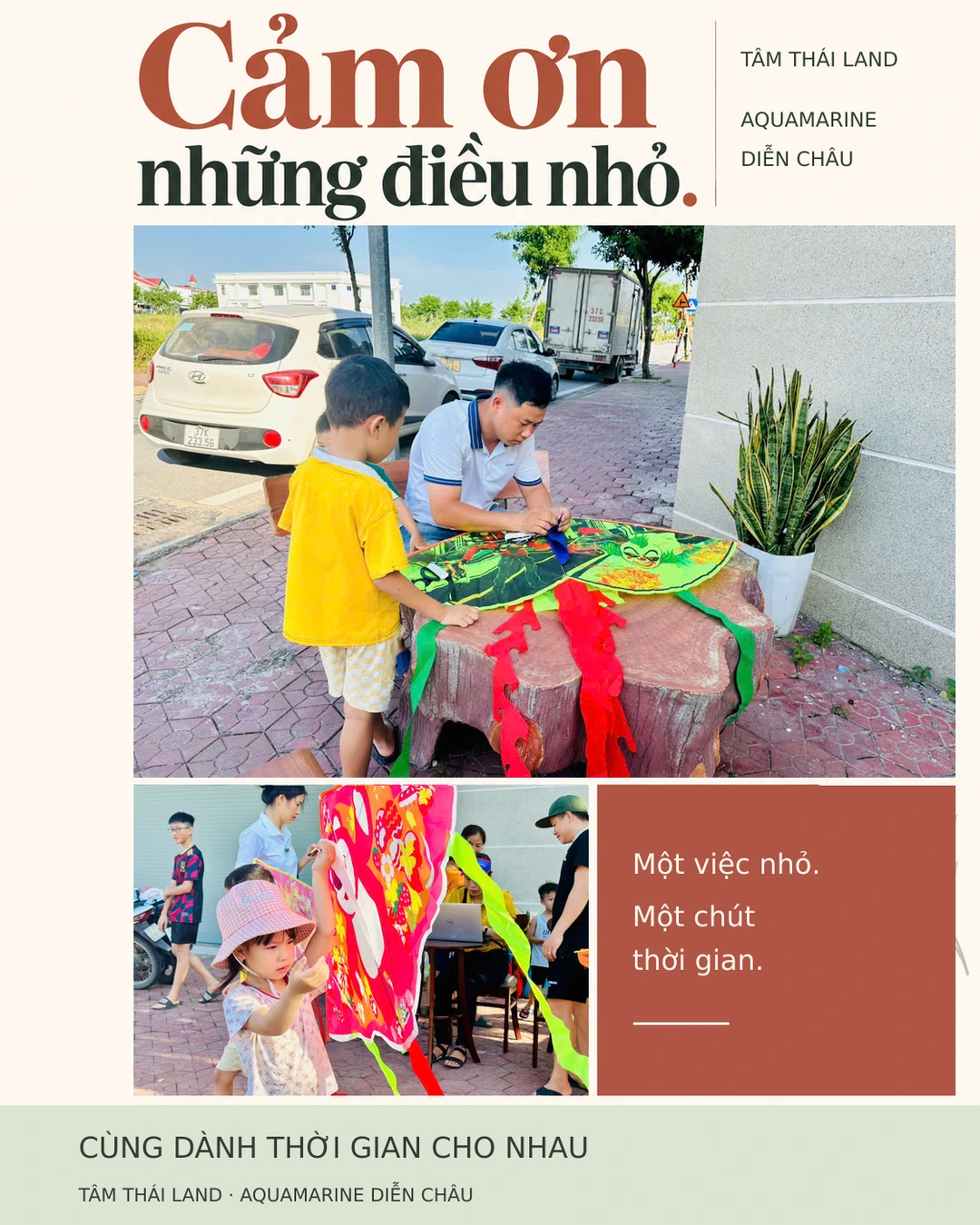 Người lớn chuẩn bị diều bên trẻ nhỏ, ghép cùng ảnh em bé cầm diều đỏ tại Aquamarine.