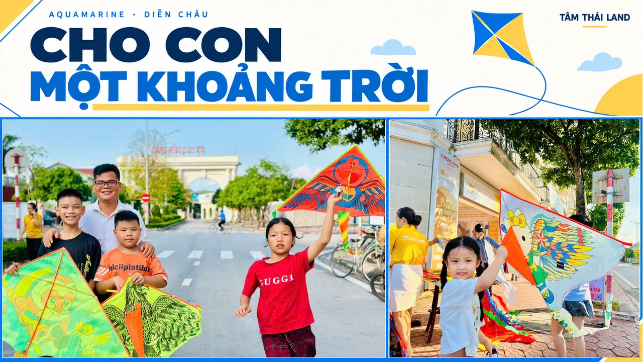 Ảnh ghép trẻ em cầm những cánh diều nhiều màu, người lớn đứng cùng và bối cảnh khu đô thị Aquamarine Diễn Châu.