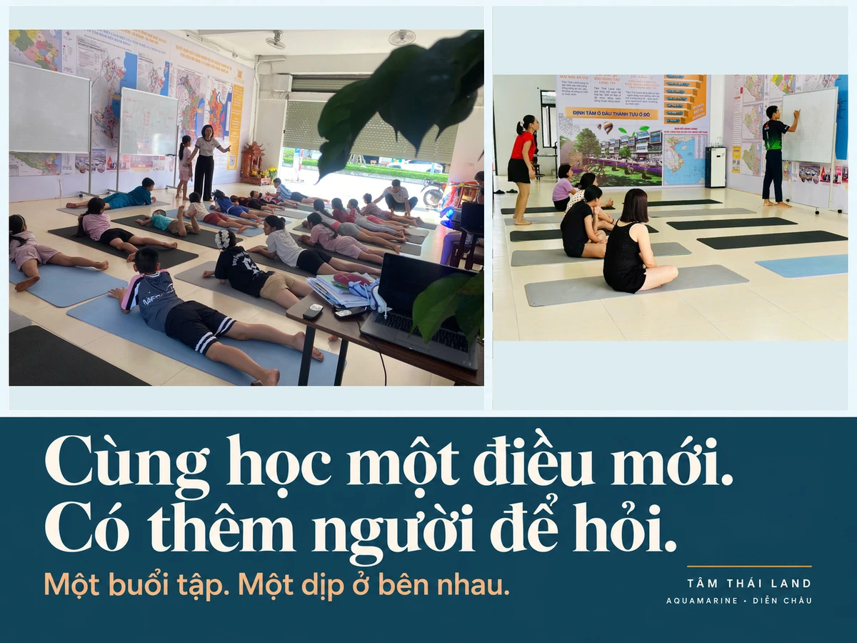 Hai ảnh thật người tham gia tập trên thảm và ngồi nghe hướng dẫn trong không gian sinh hoạt tại Aquamarine.