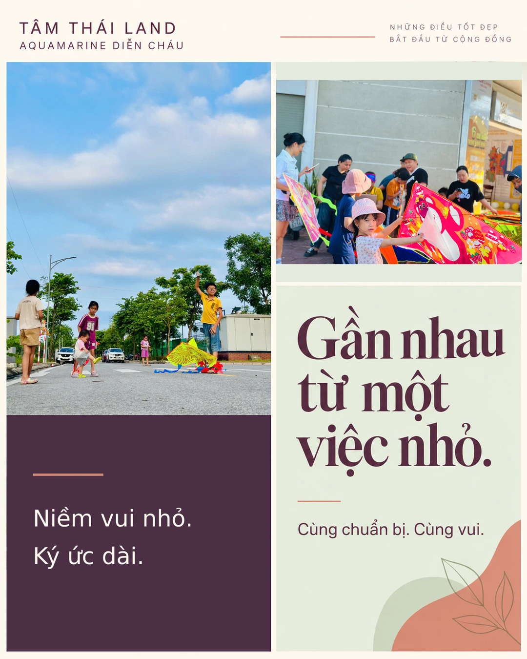 Trẻ em chuẩn bị diều ngoài trời và nhóm người cùng chọn, cầm diều trước văn phòng tại Aquamarine.