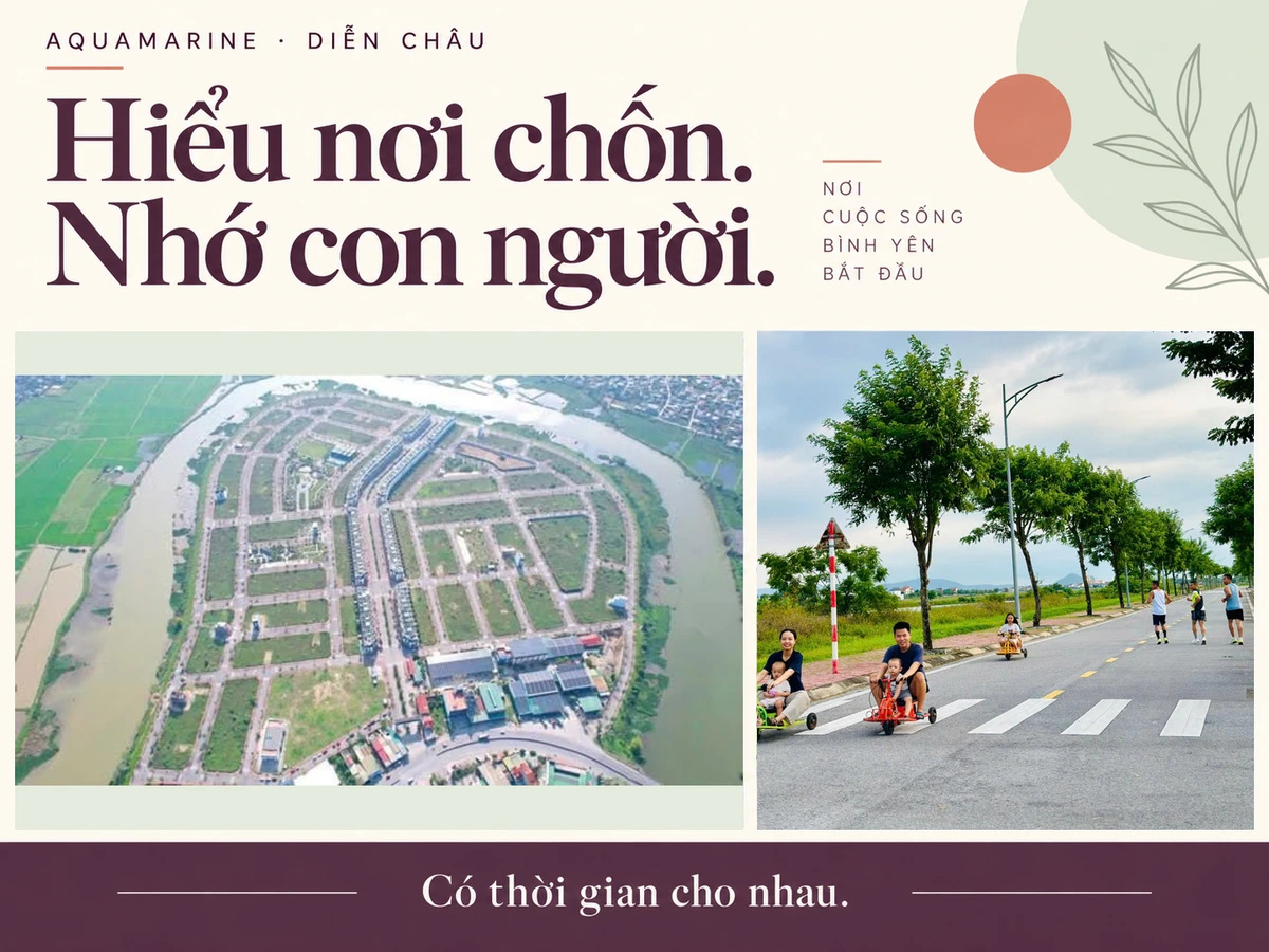 Toàn cảnh khu vực Aquamarine bên dòng sông ghép với người lớn, trẻ nhỏ cùng vui trên đường nội khu.