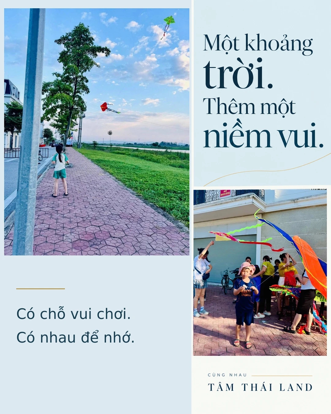 Em nhỏ nhìn những cánh diều trên lối đi, ghép cùng ảnh chuẩn bị diều trước văn phòng tại Aquamarine.