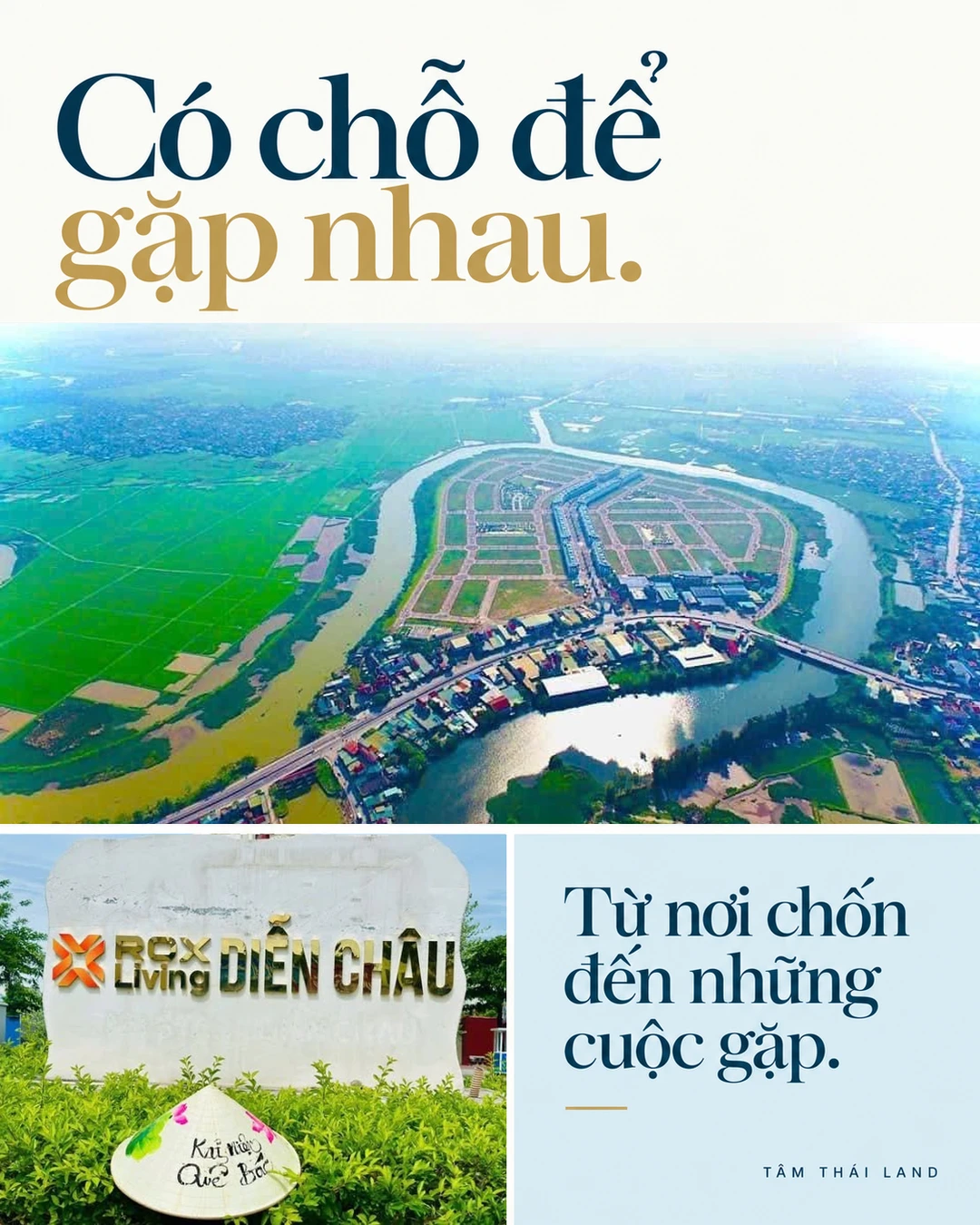 Ảnh tổng quan khu đất ven sông, ghép cùng biển tên ROX Living Diễn Châu và chiếc nón trong tư liệu.