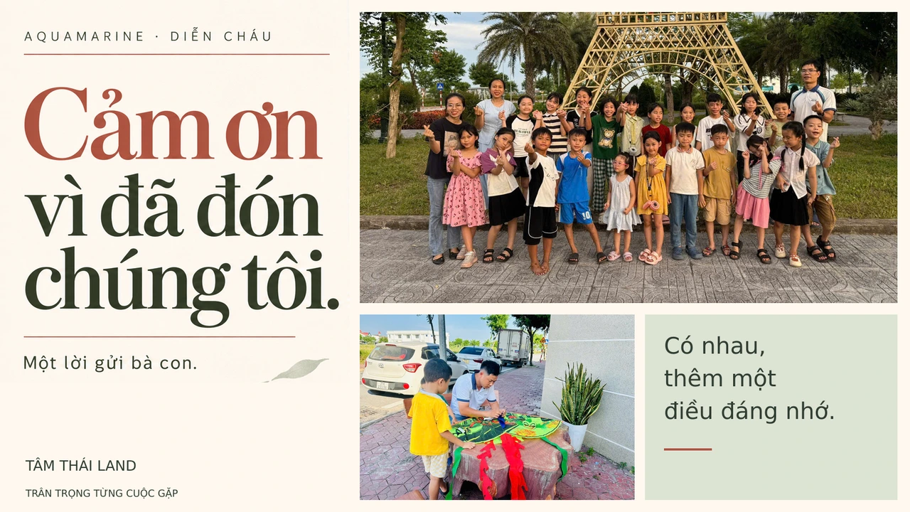 Ảnh ghép nhóm người lớn và trẻ em tại Aquamarine cùng khoảnh khắc chuẩn bị diều.